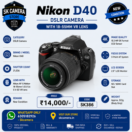 Nikon D40 DSLR Camera with AF-S NIKKOR 18-55mm f/3.5-5.6G II ED VR Lens | 6.1MP Entry-Level DSLR | Used – SK386