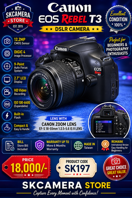 a) Canon EOS Rebel T3 with 18-55mm f/3.5-5.6 IS II Lens | 12.2MP Entry-Level DSLR Camera Kit for Photography, HD Video Recording & Beginner Content Creation | SK197