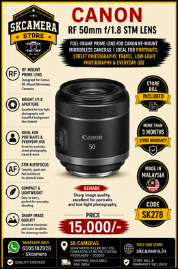 Canon RF 50mm f/1.8 STM Lens Full-Frame Prime Lens for Canon RF-Mount Mirrorless Cameras | Ideal for Portraits, Street Photography, Travel, Low-Light Photography & Everyday Use SK278