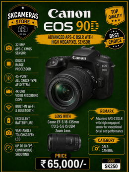 Canon EOS 90D with EF-S 18-135mm f/3.5-5.6 IS USM Lens | 32.5MP APS-C DSLR Camera Kit for Wildlife, Sports, Travel, Content Creation, Vlogging & Professional Photography | SK250
